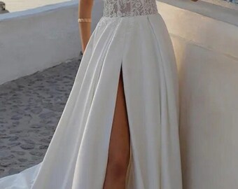 A- Line Wedding Dress sweetheart appliques Satin Split thigh bride Appliques Sweetheart Wedding Gown