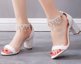 wedding dress shoes pearl design thick heel platform comfortable brides shoes