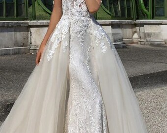 Mermaid Wedding Dress Romantic Detachable Wedding Dress Beading Appliques mermaid Wedding Gown