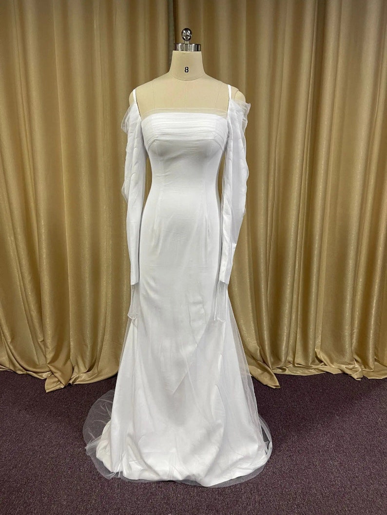 Long Sleeves Boat Neck Sheath/Cloum Wedding Dresses Formal Bride Dress/ Long Sleeve/Draped off shoulder. Satin/Tulle image 5