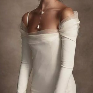 Long Sleeves Boat Neck Sheath/Cloum Wedding Dresses Formal Bride Dress/ Long Sleeve/Draped off shoulder. Satin/Tulle image 4