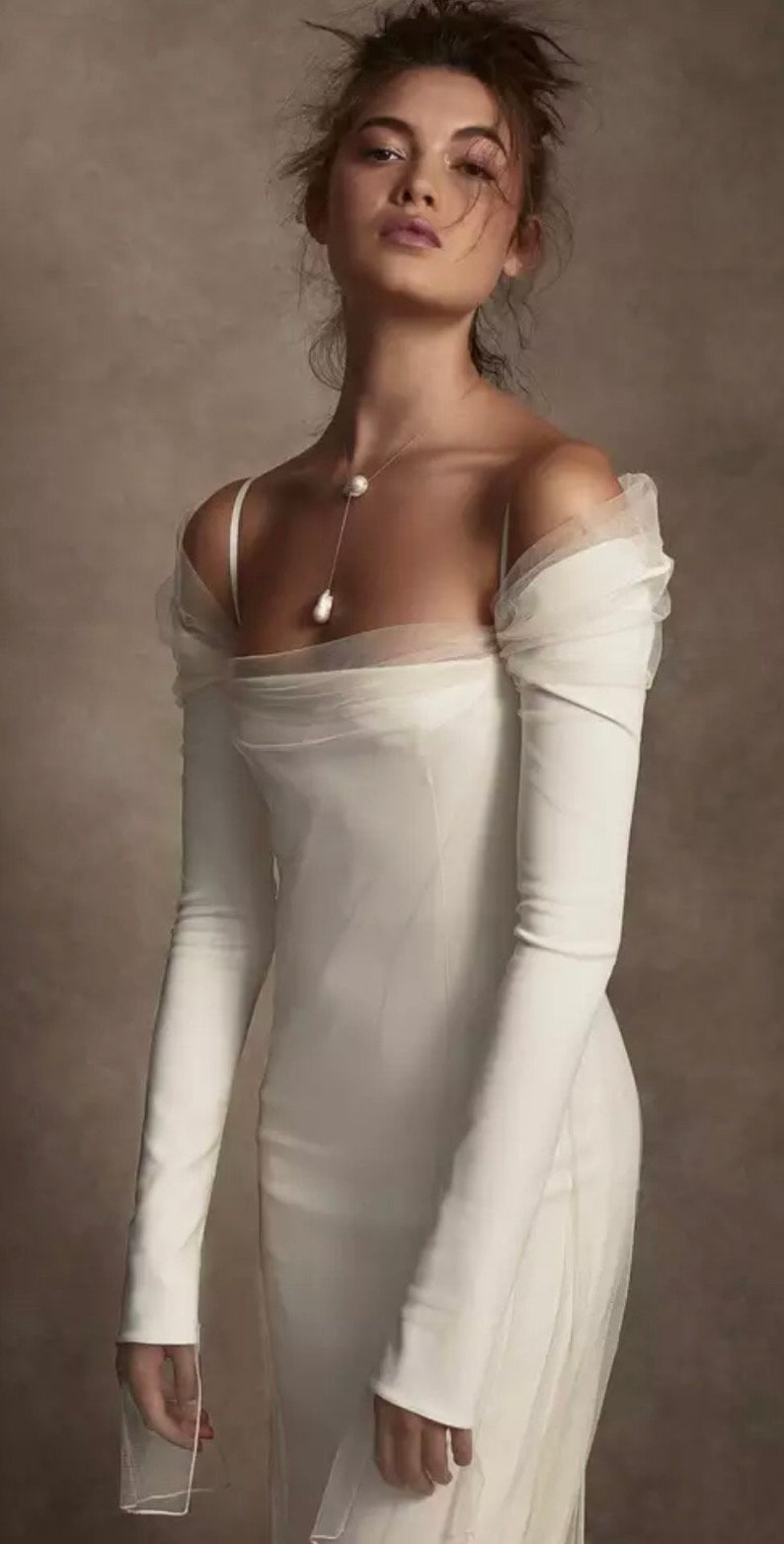 Long Sleeves Boat Neck Sheath/Cloum Wedding Dresses Formal Bride Dress/ Long Sleeve/Draped off shoulder. Satin/Tulle image 4