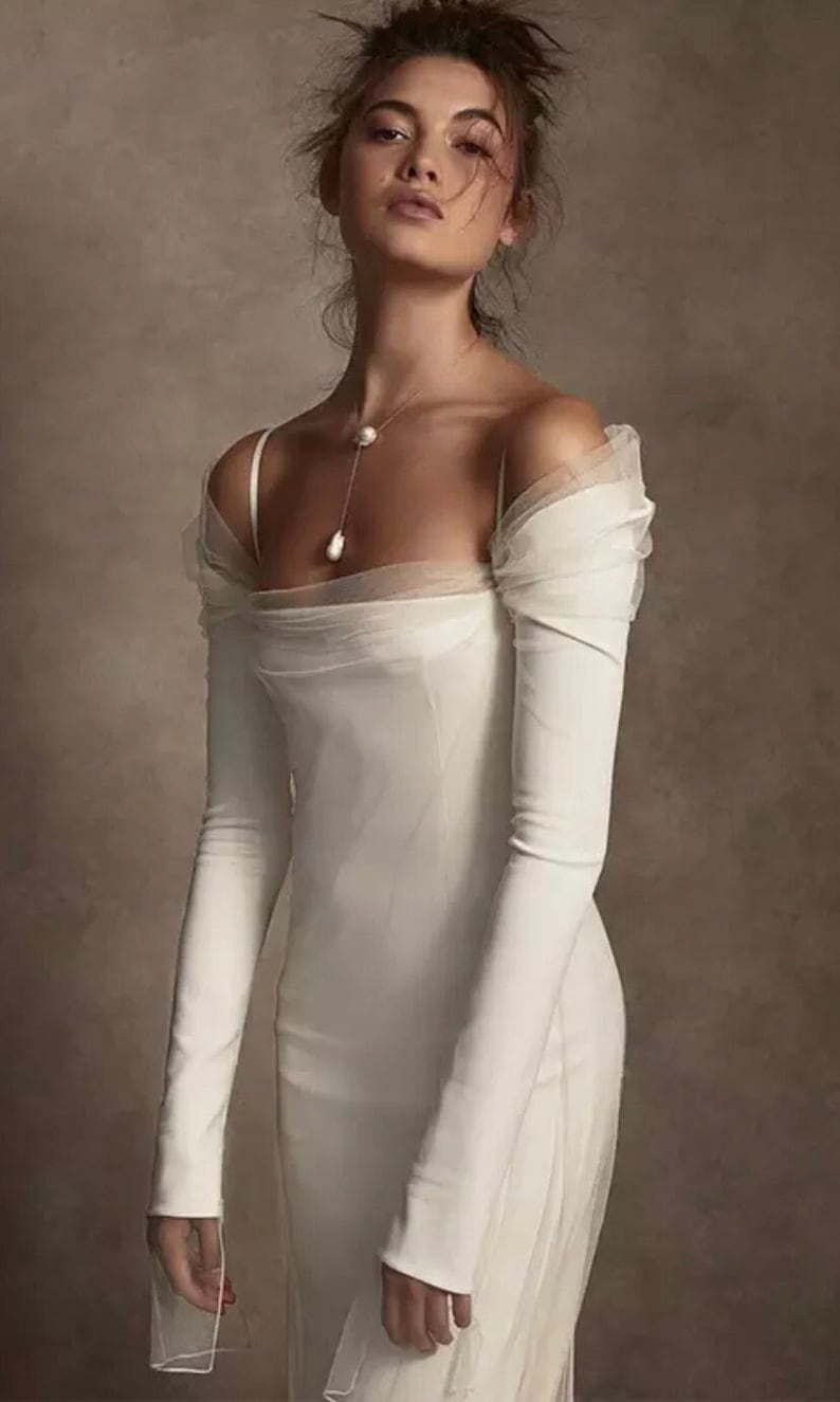 Long Sleeves Boat Neck Sheath/Cloum Wedding Dresses Formal Bride Dress/ Long Sleeve/Draped off shoulder. Satin/Tulle image 1