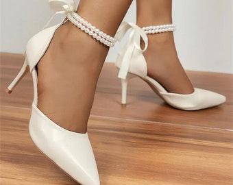 Bow & Faux Pearl Decor Stiletto Heeled Ankle Strap Pumps Party Wedding Shoes Pointed Toe Mid Hollow High Heels light beige