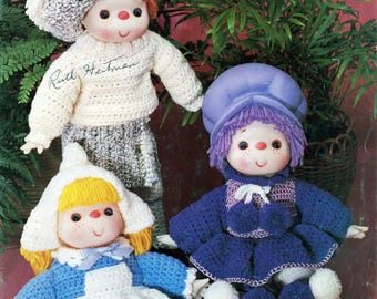 Conjunto de roupas de boneca com cabeça de fio vintage, crochê infantil, 1984, Dumplin Designs, 12 bonecas retrô MM1021