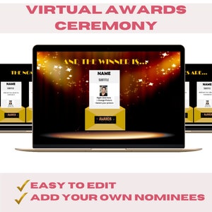 Puede incluir: Una pantalla de computadora portátil que muestra una plantilla de ceremonia de premios virtual. La plantilla presenta un sobre dorado con el texto "Awards" y un foco que ilumina un escenario. El texto "And the winner is..." se muestra sobre el sobre. La plantilla es personalizable con un espacio para un nombre, un subtítulo y una imagen. El texto "Fácil de editar" y "Agregar tus propios nominados" se muestra debajo de la computadora portátil.