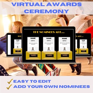 以下が含まれることがあります： 「The Nominees Are...」というテキストと、「Name」、「Subtitle」、「Add text here about the nomination」というテキストが書かれた4つの賞状が表示された、仮想授賞式テンプレートを表示するラップトップの画面。