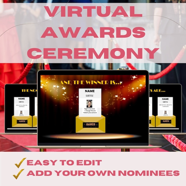 Virtual Awards Ceremony - Opening Envelopes Nominations -  Customisable PowerPoint Template - Fun Party Game - Red Carpet