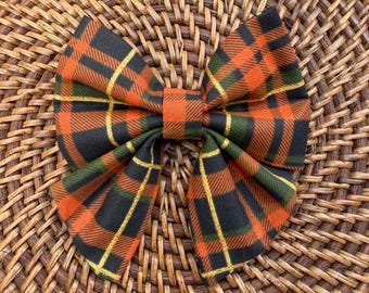 Fall/Halloween Dog Sailor Bow:  Orange, Black, Green and Gold Plaid Collar Accessory