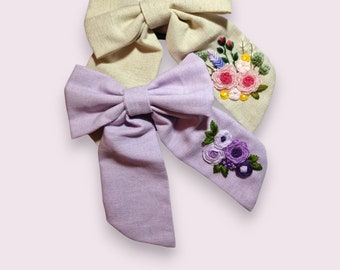 Hand-embroidered hair bow in purple, ivory and black, boho hair accessories for women and girls,  unique floral handmade gift for her