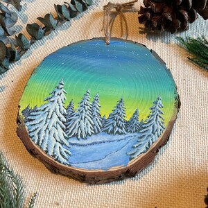 6 "runde handbemalte schneebedeckte Bäume Sonnenuntergang Holzplatte Wandbehang