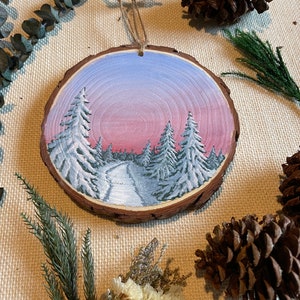 6” round hand painted snowy trees sunset wood slab wall hanging