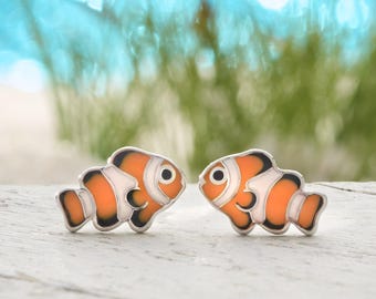 Clownfish Stud Earrings, Orange Enamel Ocean Jewelry, Scuba Diver Gift, Reef Fish Studs