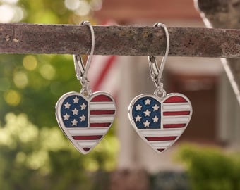 American Flag Heart Earrings, Vintage Silver Patriotic Leverback, Americana Jewelry, 4th of July Gift