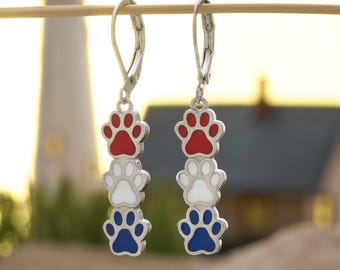 Red White Blue Paw Print Earrings, Patriotic Jewelry, Surgical Steel Leverback Hooks