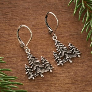 Handmade Triple Pine Tree Earrings, Leverback Forest Earrings, Seasonal Evergreen Tree Jewelry, Christmas Tree Earrings, Minimalist Earrings