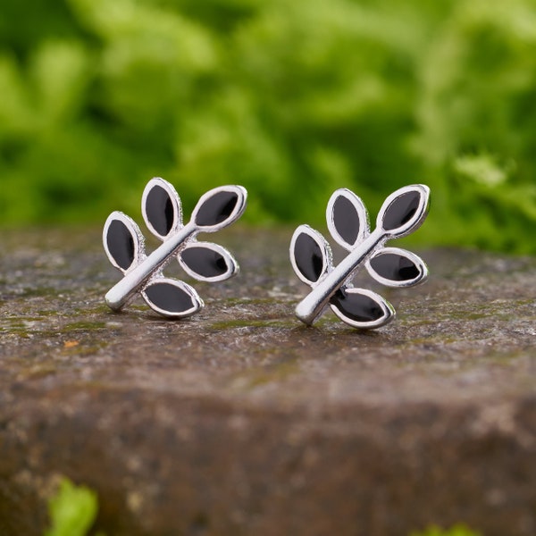 Handmade Sterling Silver Black Leaf Studs, Hypoallergenic Nickel-Free, Dainty Earrings, Minimalist, Botanical Inspired, Unique Gift for Her,