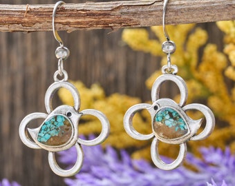 Whimsical Handmade Sand Birdie Bloom Earrings, Unique Bird Charm, Dreamscape Jewelry, Turquoise Resin, Country Nature Artisan Crafted Gift