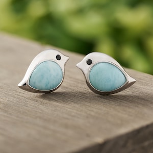 Sterling Silver Larimar Birdie Studs, Bird Earrings, Spring Jewelry, Larimar Studs, Minimalist, Hypoallergenic, Nature Lover Gift