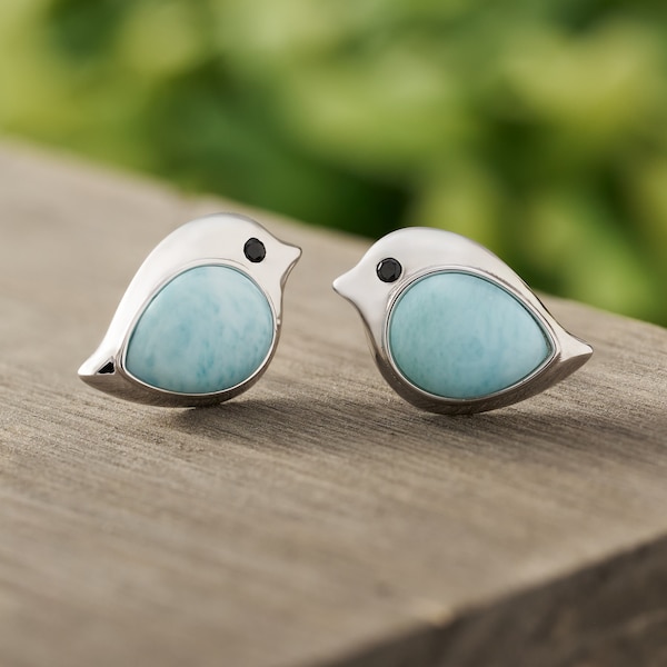 Studs Larimar Birdie de plata de ley, Pendientes de pájaro, Joyería de primavera, Studs Larimar, Minimalista, Hipoalergénico, Regalo amante de la naturaleza