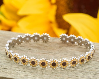 Handmade Sunflower Bracelet - Floral Jewelry, Nature Theme Cuff, Rustic Jewelry, Fall Jewelry, Gift for Nature Lovers, Stacking Jewelry