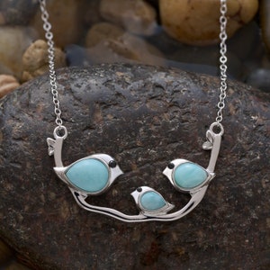 Sterling Silver Triple Larimar Birdie Branch Necklace, Elegant Bird Jewelry, Minimalist Blue Bird Jewelry, Unique Jewelry for Bird Lovers