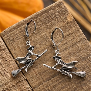 Leverback Vintage Flying Witch Earrings, Elegant Silver Earrings, Spooky Season Jewelry, Halloween-Themed Earrings, Hypoallergenic Hooks