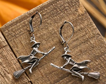 Leverback Vintage Flying Witch Earrings, Elegant Silver Earrings, Spooky Season Jewelry, Halloween-Themed Earrings, Hypoallergenic Hooks