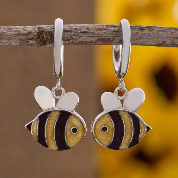 Sand Bee Hoop Earrings, Handmade Resin Jewelry, Crushed Glass and Enamel, Adorable Summer Earrings, Hypoallergenic Leverbacks, Minimalist