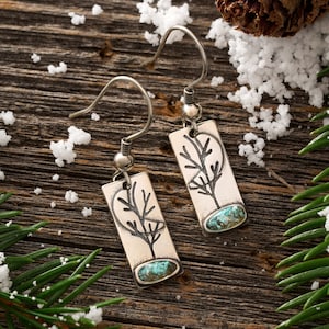 Sterling Silver Turquoise Moon Tree Earrings, Minimalist, Tree of Life, Outdoor Rustic Jewelry, Celestial, Hypoallergenic, Gift for Her