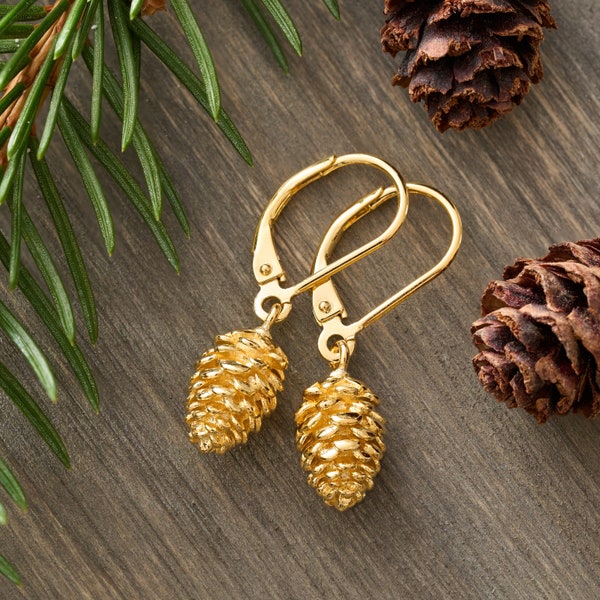 Handcrafted Gold Leverback Pine Cone Earrings, Pine Tree Earrings, Leverback Drop Earrings, Fall Winter Earrings, Christmas Tree Lover Gift