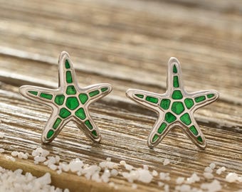 Green Starfish Studs, Enamel Rhodium Silver Ocean Coastal Jewelry, Beach Boho Gift