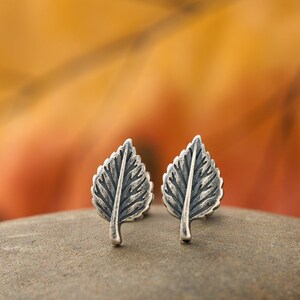 May include: A pair of silver-colored leaf stud earrings. Each earring is shaped like a detailed leaf with visible veins and a small stem. The earrings are displayed on a gray stone against a blurred orange and yellow background.
