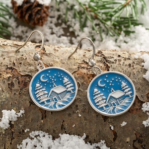 Snowy Forest Cabin Earrings, Winter Landscape Design, Unique Nature-Inspired Jewelry, Rustic Country Earrings, Seasonal Winter-Theme Jewelry