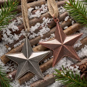 Vintage Barn Star Ornaments (Set of 2), Classic Americana-Inspired Ornaments, Christmas Ornaments, Vintage Silver & Copper Plating, Gift Set