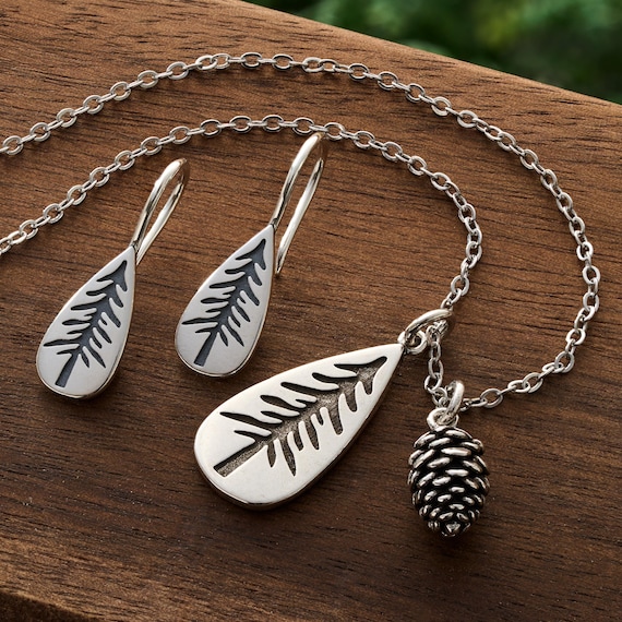 Pine Tree Jewelry Gift Set, Matching Pine Tree Necklace and Earrings, Handmade Tree Jewelry, Winter and Fall Jewelry, Evergreen, Minimalist
