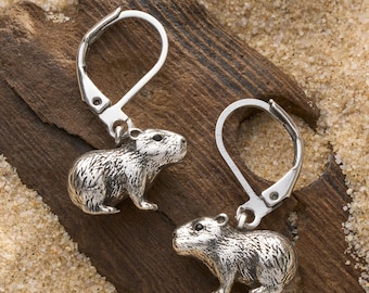 Capybara Earrings, Animal Jewelry, Surgical Steel Leverback Hooks