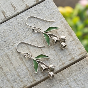 Handmade Enamel Lily of the Valley Drop Earrings – Sterling Silver Hooks