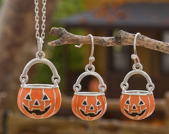Jack-o-Lantern Pail Jewelry Set, 3D Halloween Necklace and French Hook Earrings, Trick or Treat