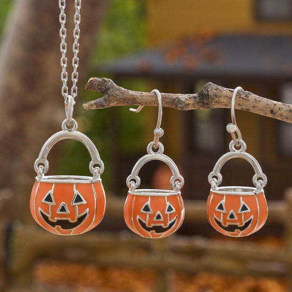 Jack-o-Lantern Pail Jewelry Set, 3D Halloween Necklace and French Hook Earrings, Trick or Treat
