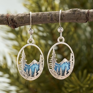 Snowy Forest Mountain Earrings, Winter Landscape Snow Peaks, Minimalist Nature Outdoor Adventure Enamel Jewelry, Hiking, Nature Lover Gift