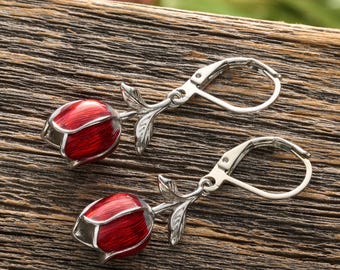 Hand-Painted Red Tulip Leverback Earrings, Spring Flower Jewelry, Surgical Stainless Steel Leverback Hooks