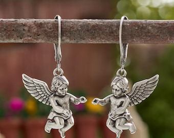 Leverback Flying Angel Earrings, 3D Cherub Charms, Vintage Silver Christmas & Holiday Jewelry, Religious Earrings, Surgical Steel Leverbacks