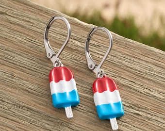 Patriotic Ice Pop Earrings, Red White Blue Enamel Leverback Summer Jewelry, 4th of July Gift