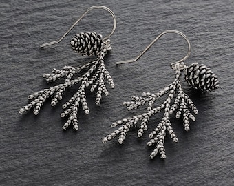 Pine Branch Earrings, Boho Branch Whimsical Tree Jewelry, Rustic Silver Evergreen, Pine Tree Branch Gift, Minimalist Earrings, Handmade Gift