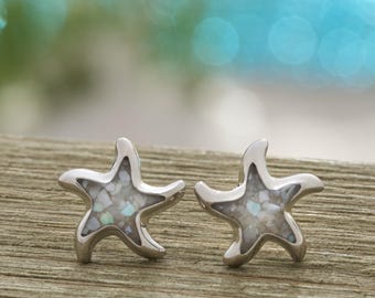 Starfish Studs, Mother of Pearl Rhodium Silver Ocean Coastal Jewelry, Beach Gift for Her