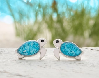 Turquoise Sea Turtle Studs, Rhodium Silver Ocean Jewelry, Marine Life Gift, Boho