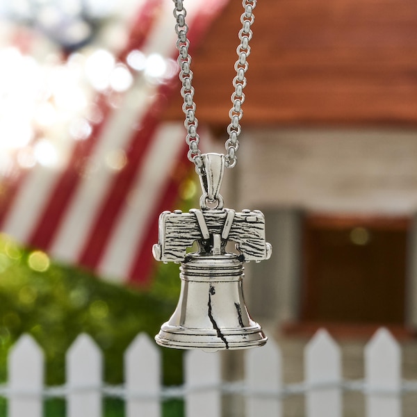 Liberty Bell Necklace, Antiqued Silver Patriotic Pendant, Americana Heritage Jewelry, USA 250 Gift