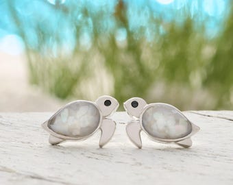 Sea Turtle Studs, Mother of Pearl Rhodium Silver Ocean Jewelry, Marine Life Gift