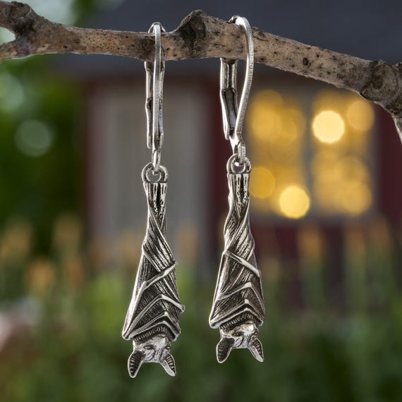 Leverback Vintage Hanging Bat Earrings, Vintage Silver Jewelry, Spooky Halloween Jewelry, Elegant Fall Earrings, Hypoallergenic Leverbacks